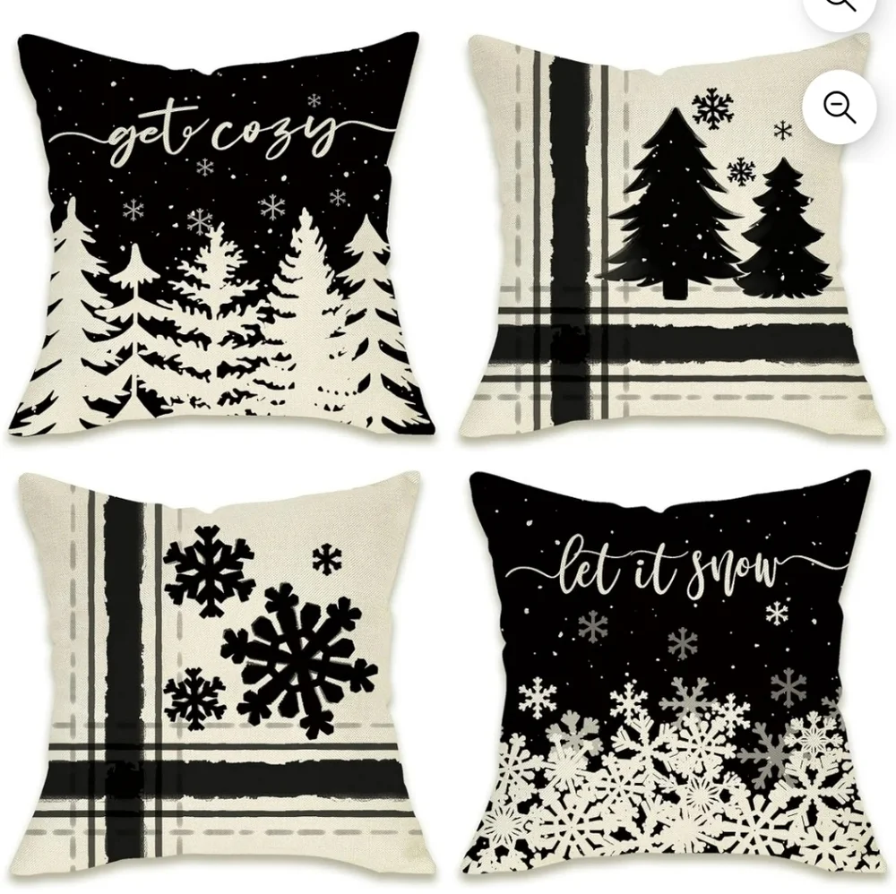 NIB Set Of 4 Black and White Holiday Throw Pillow Set Christmas Holidays